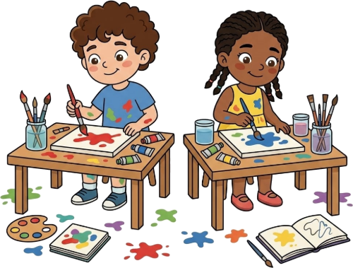 Two young children painting at a classroom table